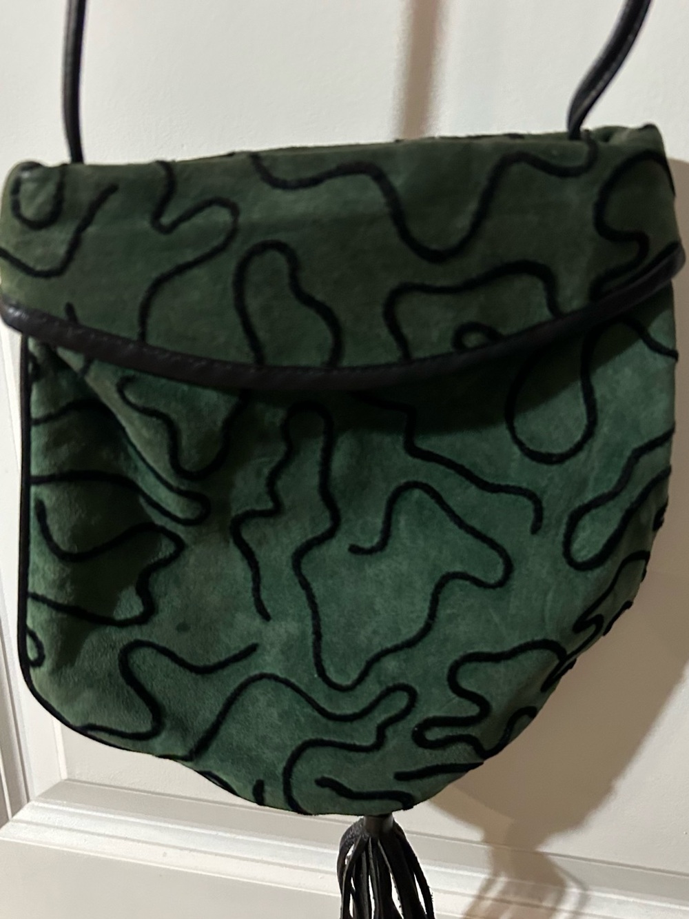 Joan & David Green Suede Crossbody with Black Swirl Accents
